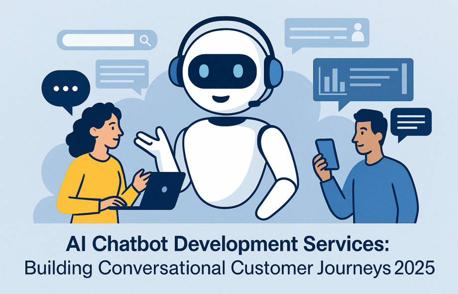 Illustration of AI chatbot interacting with customers through digital interfaces, representing intelligent conversational journeys in 2025.